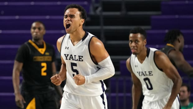 Nov 24, 2021; Fort Myers, FL, USA; Yale Bulldogs guard Azar Swain (5) reacts after making a three point basket against the Milwaukee Panthers during the second half at Suncoast Credit Union Arena. Mandatory Credit: Jasen Vinlove-USA TODAY Sports